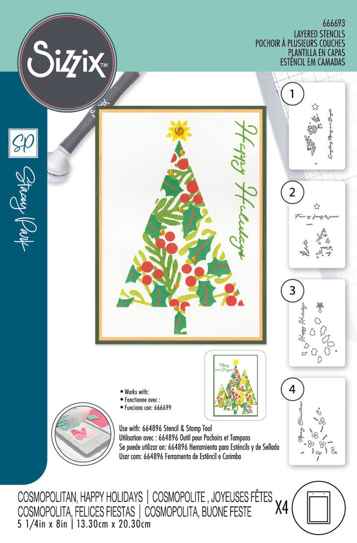 Happy Holidays A6 Layered Stencils - Cosmopolitan Christmas by Stacey Park (4pcs) - Sizzix