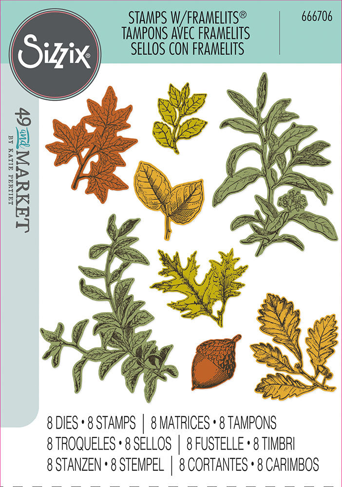 Forever Leaves Framelits Die Set w/ A5 Clear Stamps Set by 49 and Market Collection - Sizzix