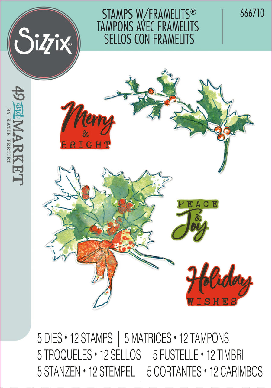 Pencil Line Holly Framelits Die Set w/ A5 Clear Stamps Set by 49 and Market Collection - Sizzix