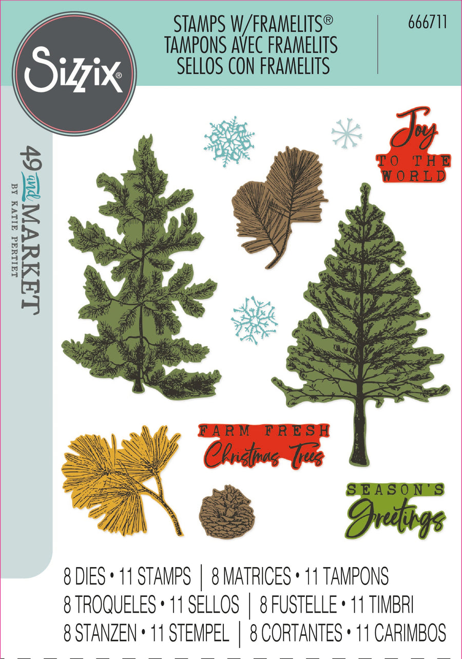 Pine Holidays Framelits Die Set w/ A5 Clear Stamps Set by 49 and Market Collection - Sizzix