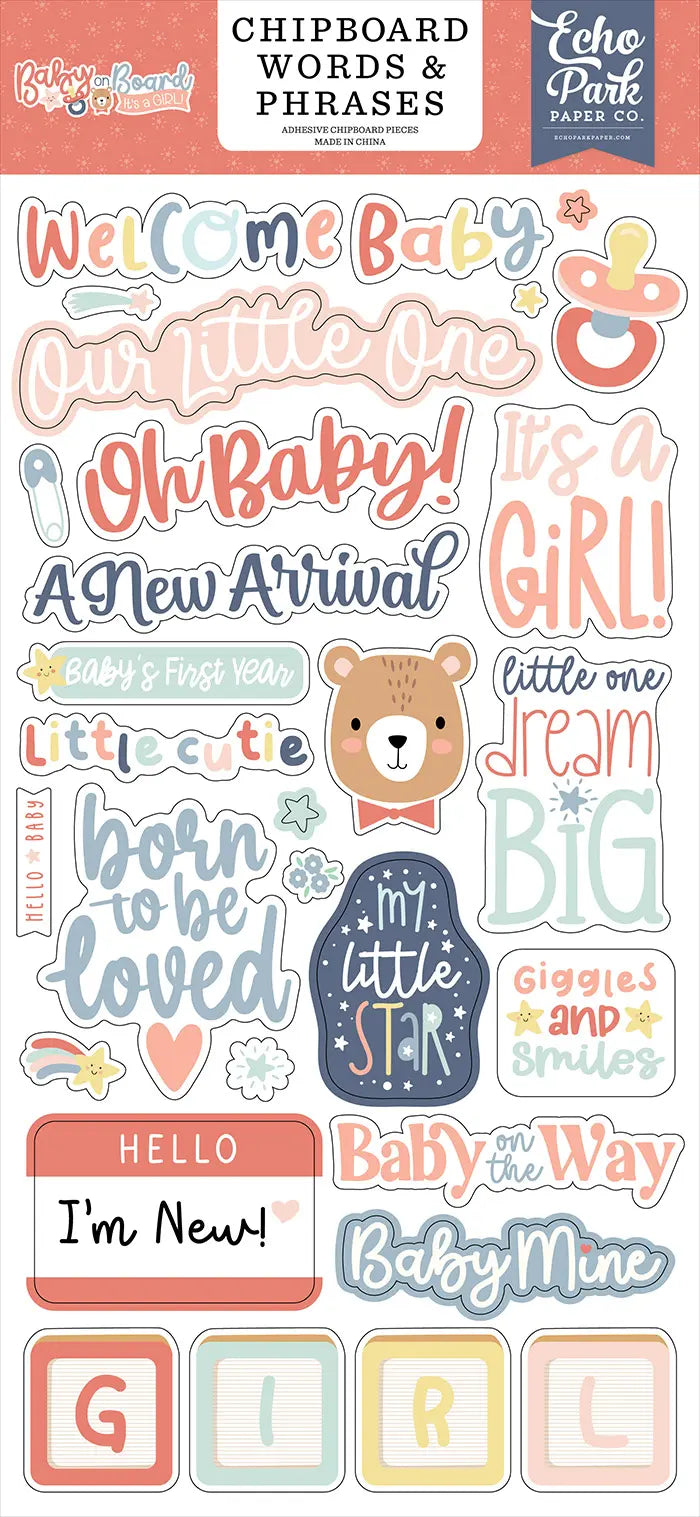 Baby On Board Girl 6" x 13" Chipboard Words & Phrases - Echo Park