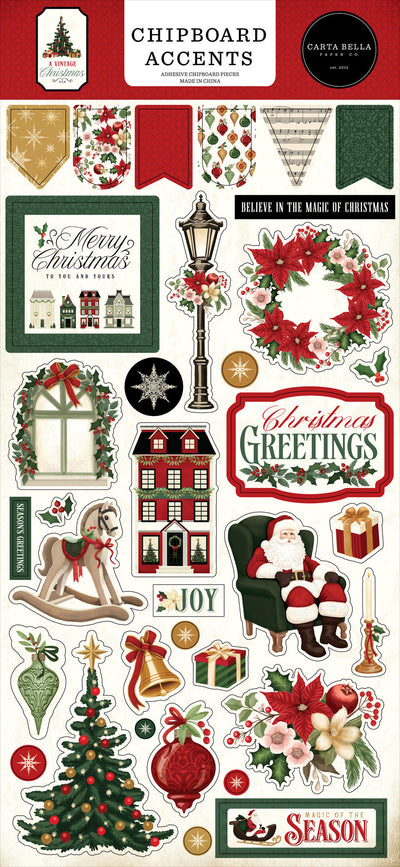 A Vintage Christmas 6" x 13" Chipboard Accents - Carta Bella