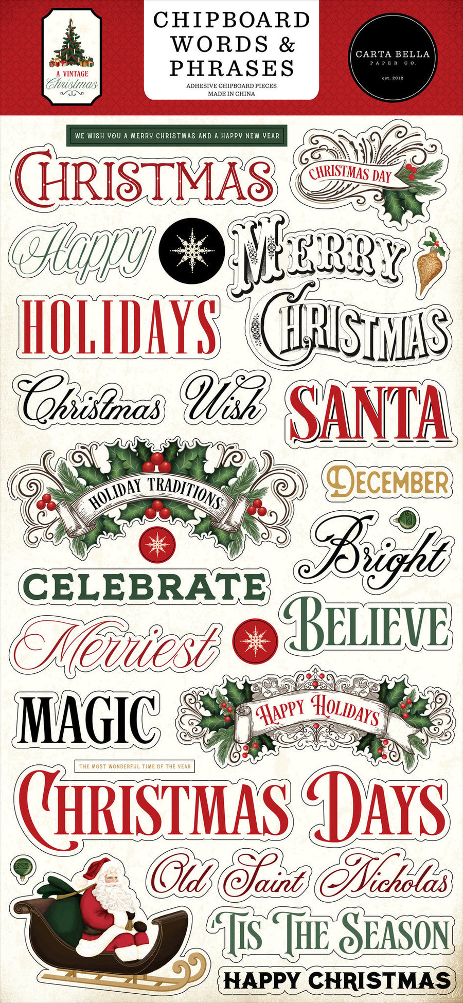 A Vintage Christmas 6" x 13" Chipboard Words & Phrases - Carta Bella